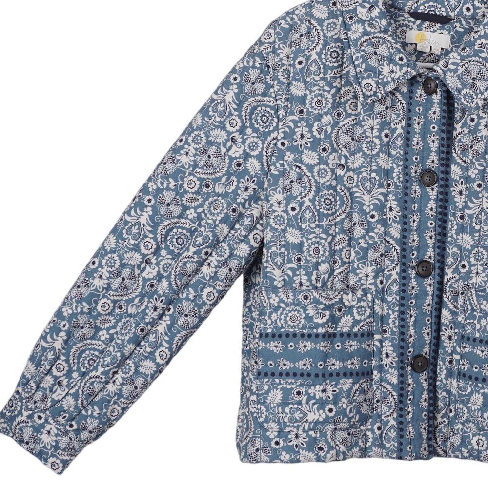 Boden Quilted Jacket Women 12 Blue Floral Cotton Linen Button Up Pockets Casual - Picture 3 of 9